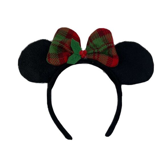 Disney Minnie Mouse Ears Christmas Holiday Holly Plaid Bow Adult OS Handmade - Picture 1 of 3